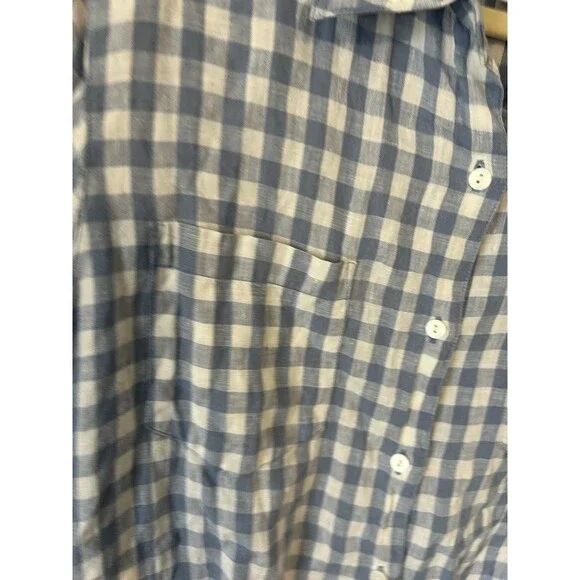 Talbots Top Women L Drawstring Blue Linen Gingham Plaid Long Sleeve Capsule VTG - Picture 12 of 12